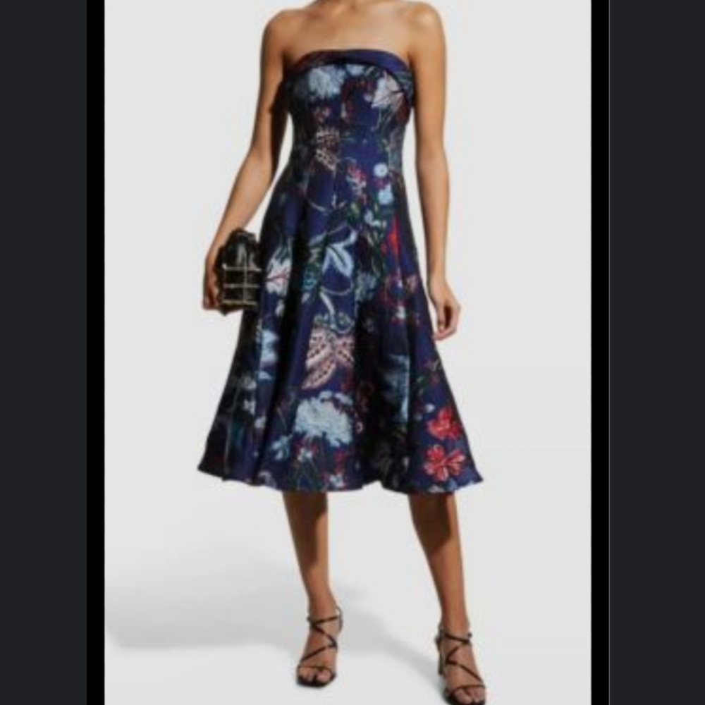 Marchesa Strapless Navy Floral Dress